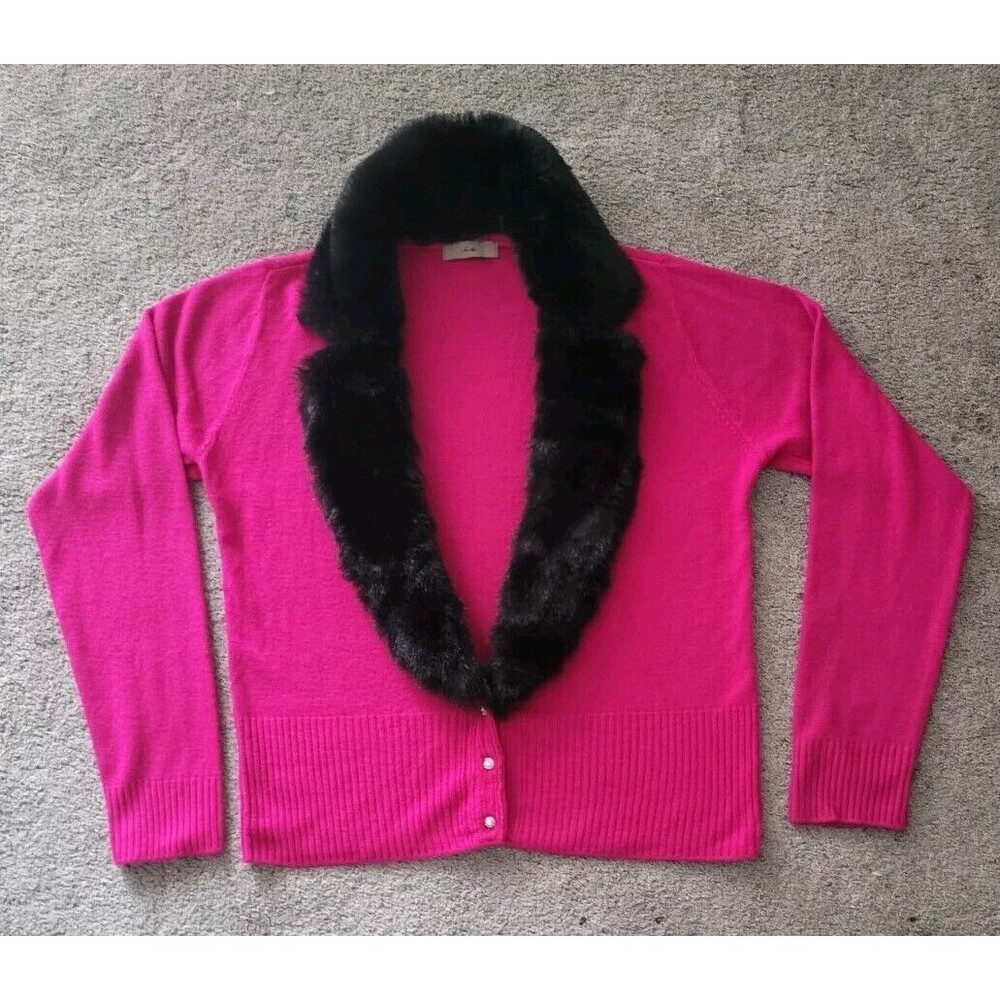 i.e. Button Hotpink Long Sleeves Cardigan Sweater Removeable Faux Fur Colar Sz L